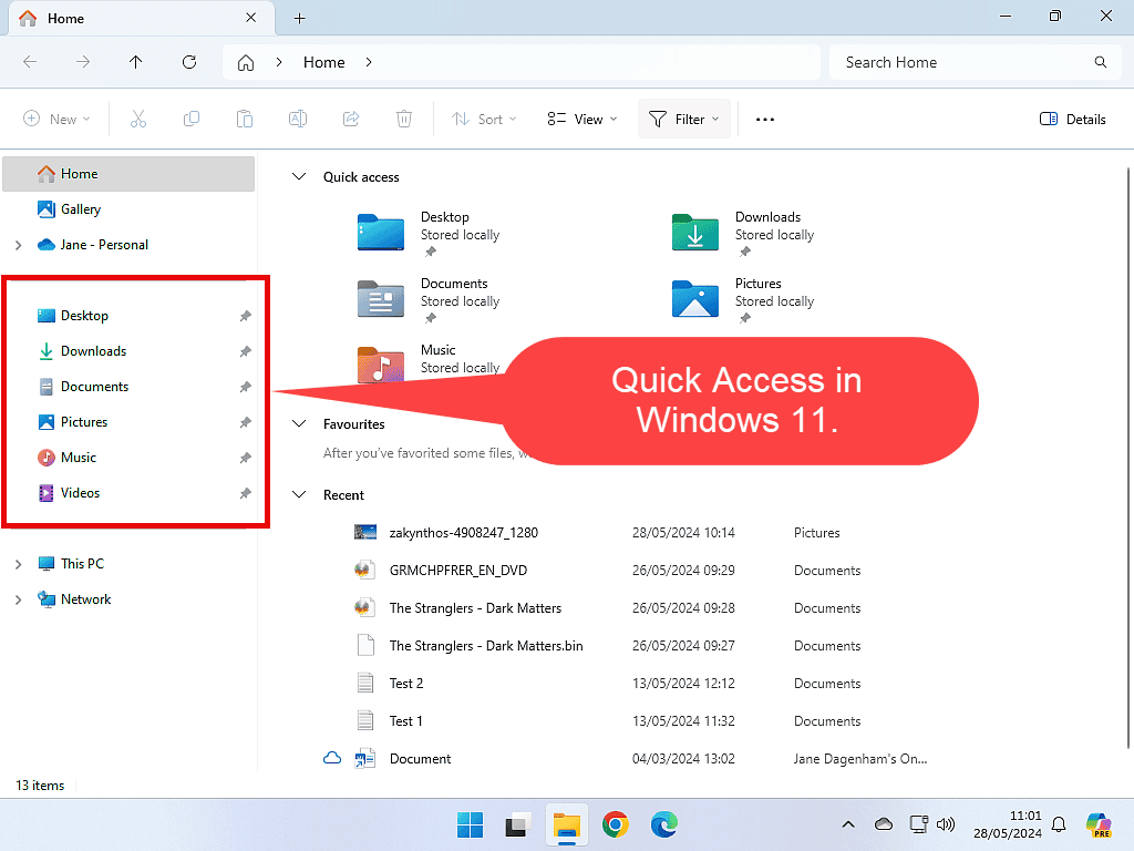Quick Access indicated in Windows Explorer in Windows 11.