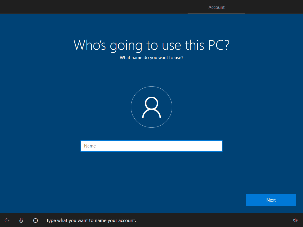 Local account setup screen in Windows 10.