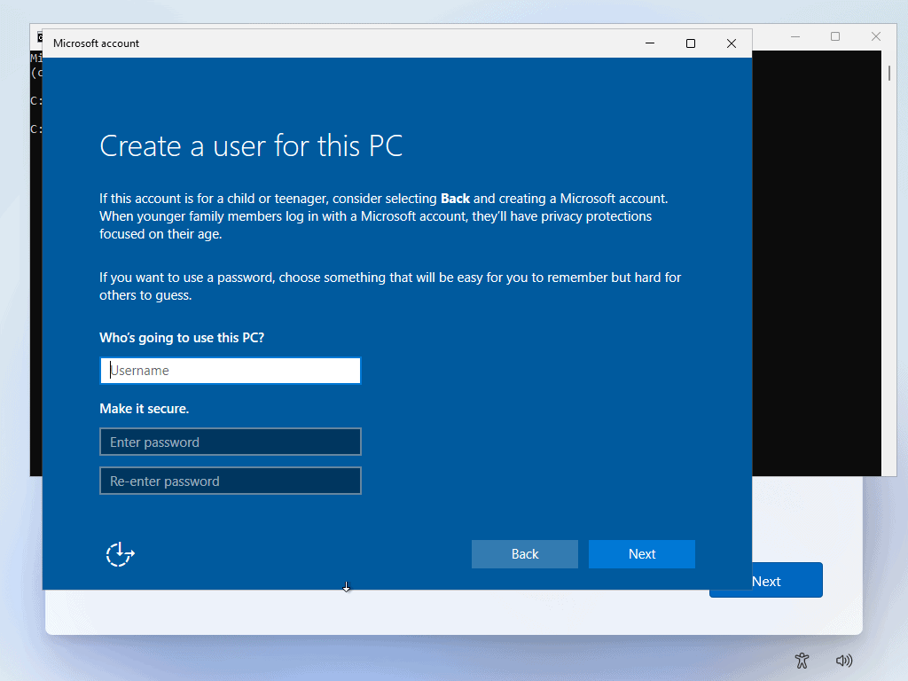 Setup offline account option in Windows 11.