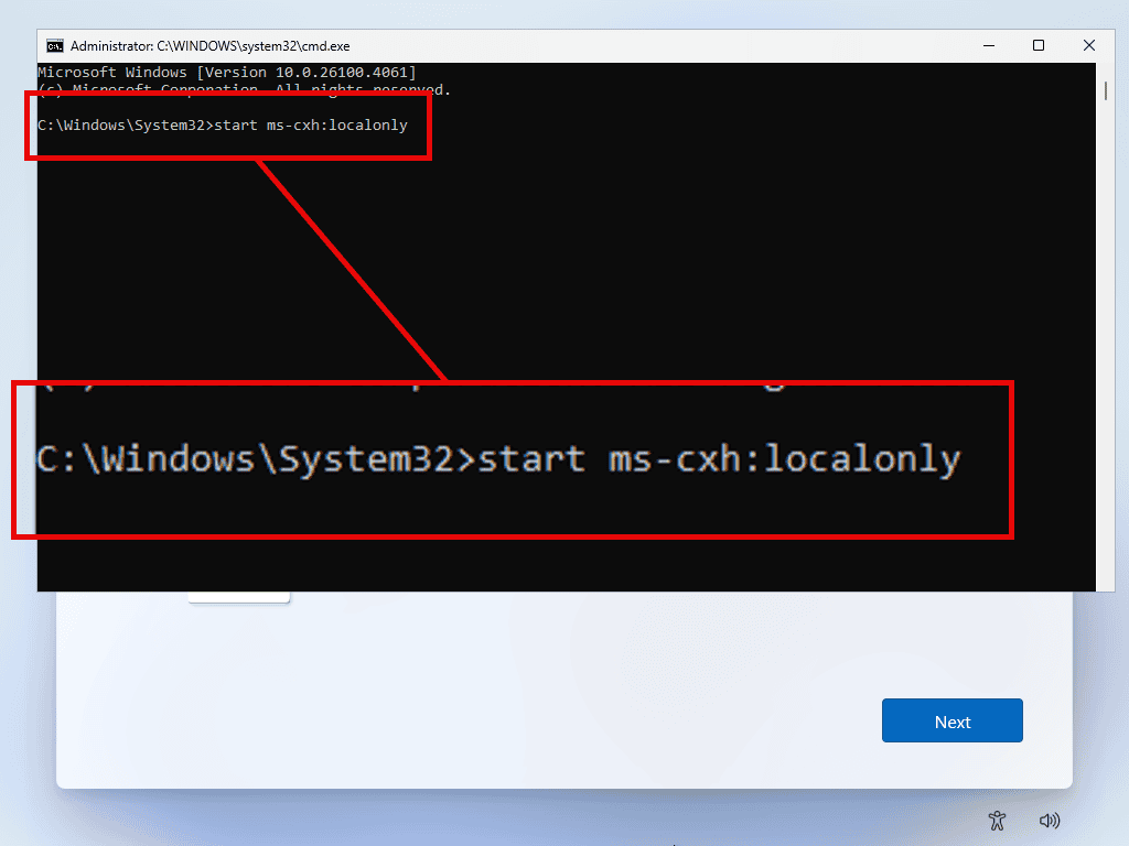 Start ms-cxh:localonly command enetered into command prompt window to by pass MS account during setup.