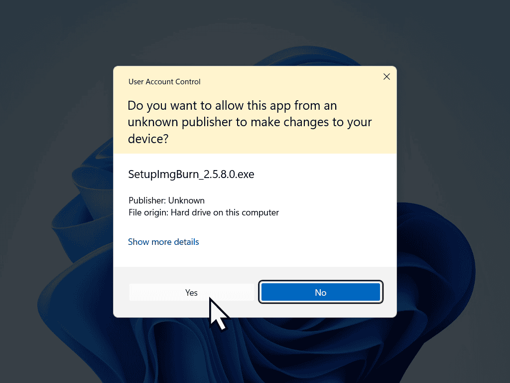 Windows UAC popup. Yes is indicated.