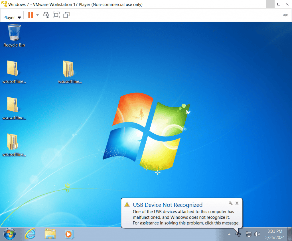 Attaching a USB drive to a Windows 7 virtual machine. The device wasn't recognised.