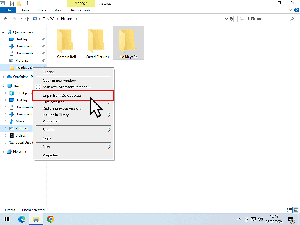 Unpinning a folder in Windows 10.