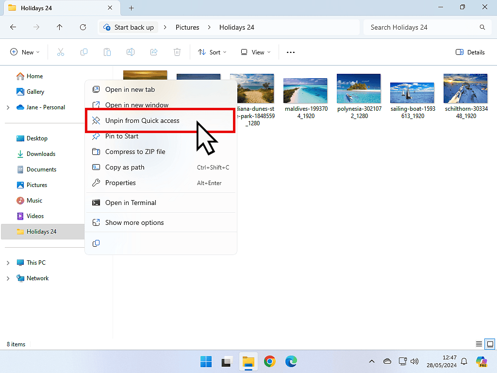 Options menu open and Unpin from Quick Access is highlighted in Windows 11.