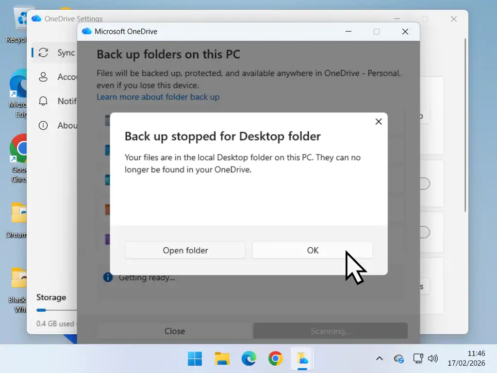 Backup stopped Backup stopped confirmation popup.
