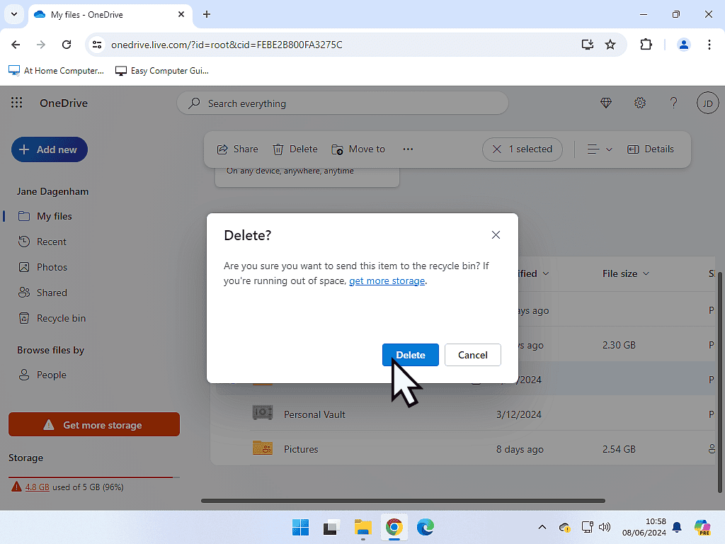 Confirmation popup to delete a file.