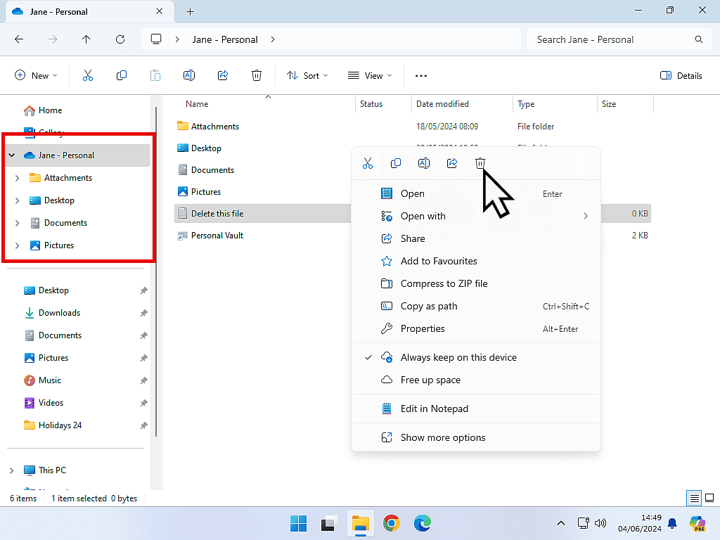 The delete icon is being clicked in Windows 11 options menu.