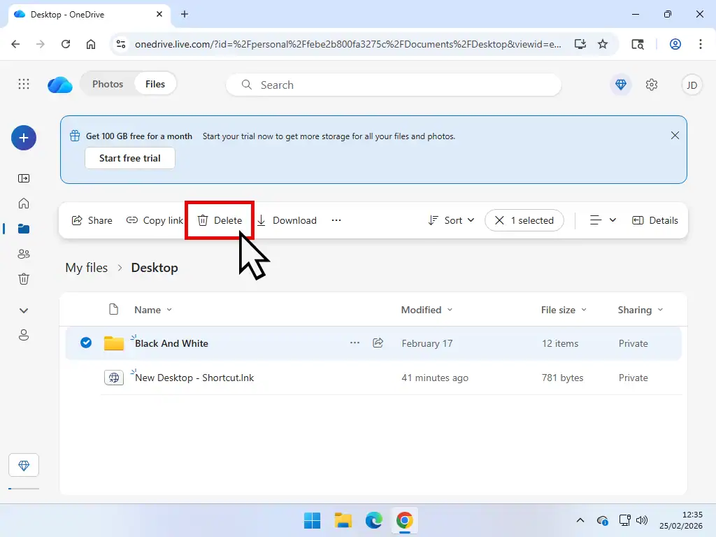 Delete files from OneDrive Selecting a file or folder and clicking Delete in OneDrive online.
