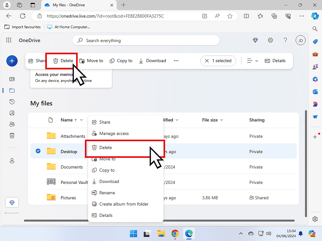 A file is being deleted from OneDrive online storage.