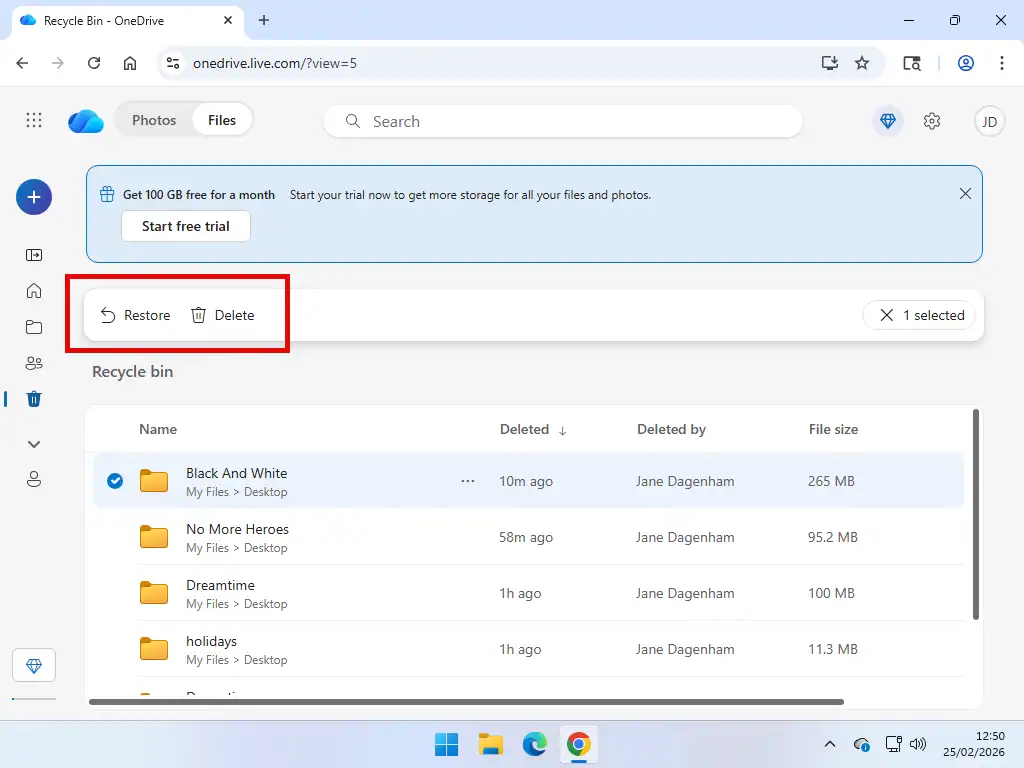 Delete or Restore File selected and the Restore and Delete buttons are both highlighted in OneDrive.