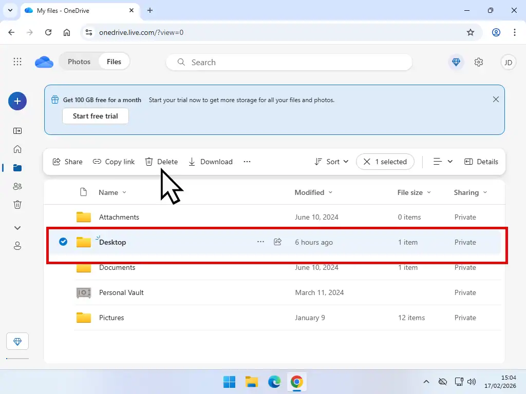 Deleting folder from OneDrive Select files or folders and click Delete.