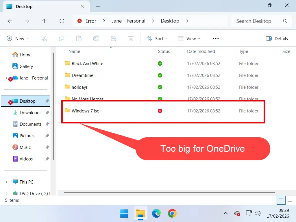 File too large for OneDrive This folder is too large for the available space in OneDrive.