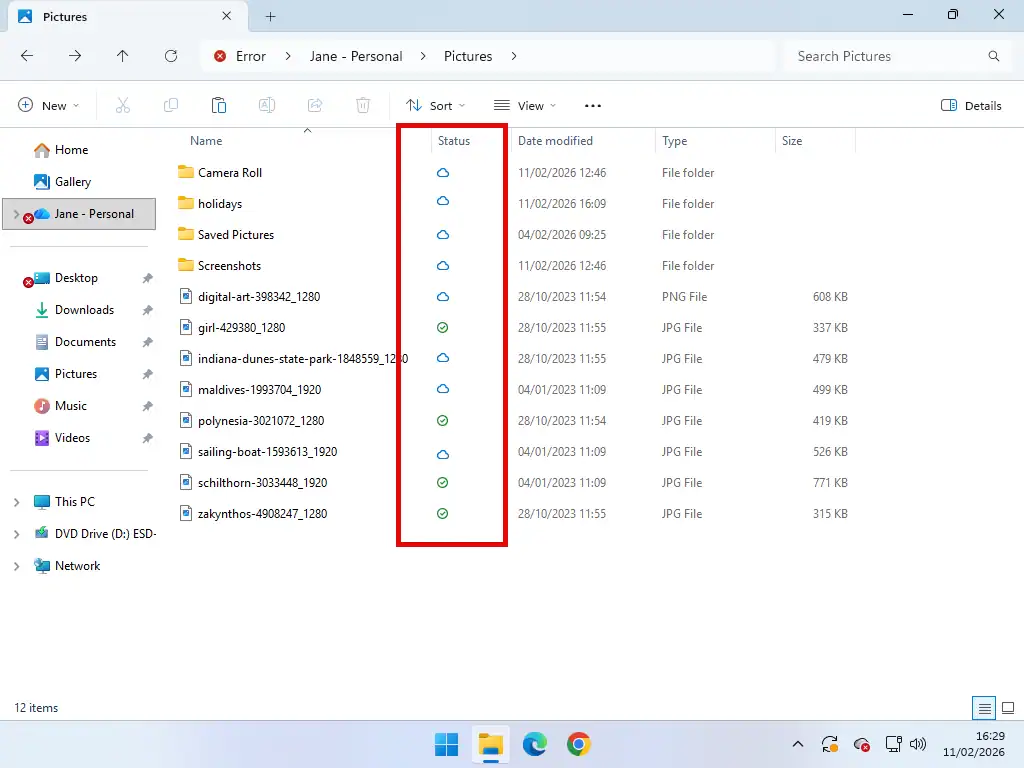 Files with OneDrive status symbols File Explorer is open and OneDrive status symbols are indicated. Many have a blue cloud symbol.