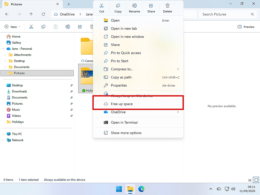 The right click menu in File Explorer showing the Free up space option on a OneDrive file.