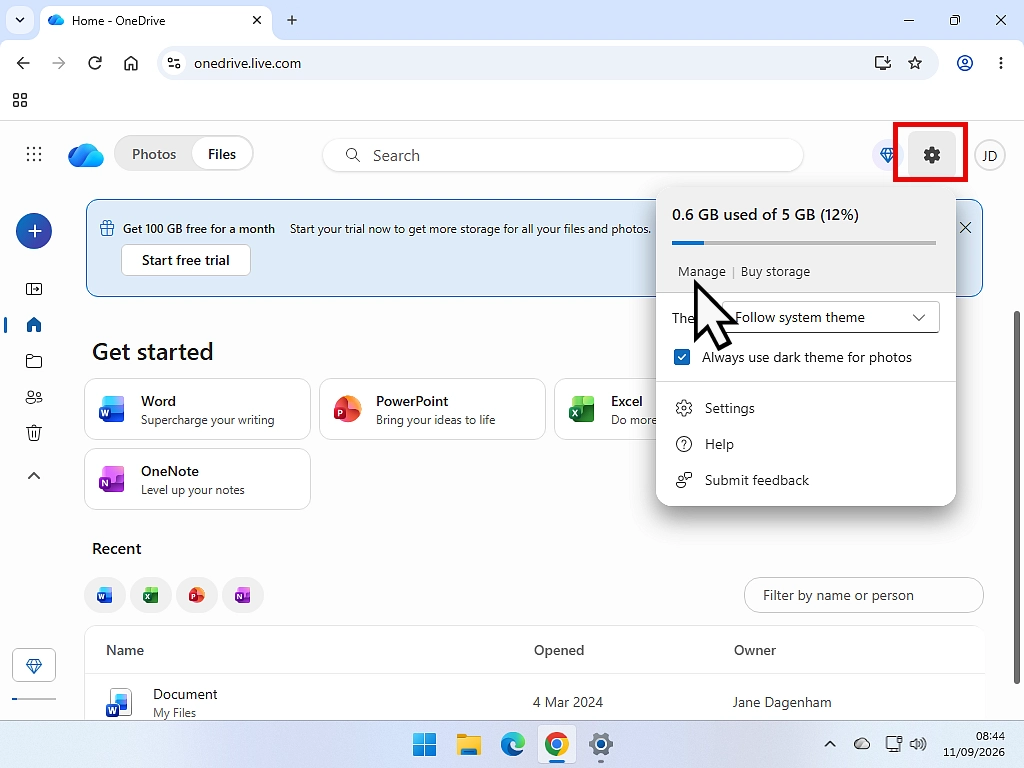 Finding the OneDrive storage settings. Settings icon (gear icon) indicated along with the Manage option.