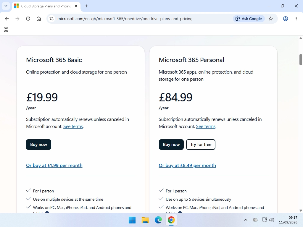 Microsoft 365 storage plans and UK prices shown on the Microsoft website.