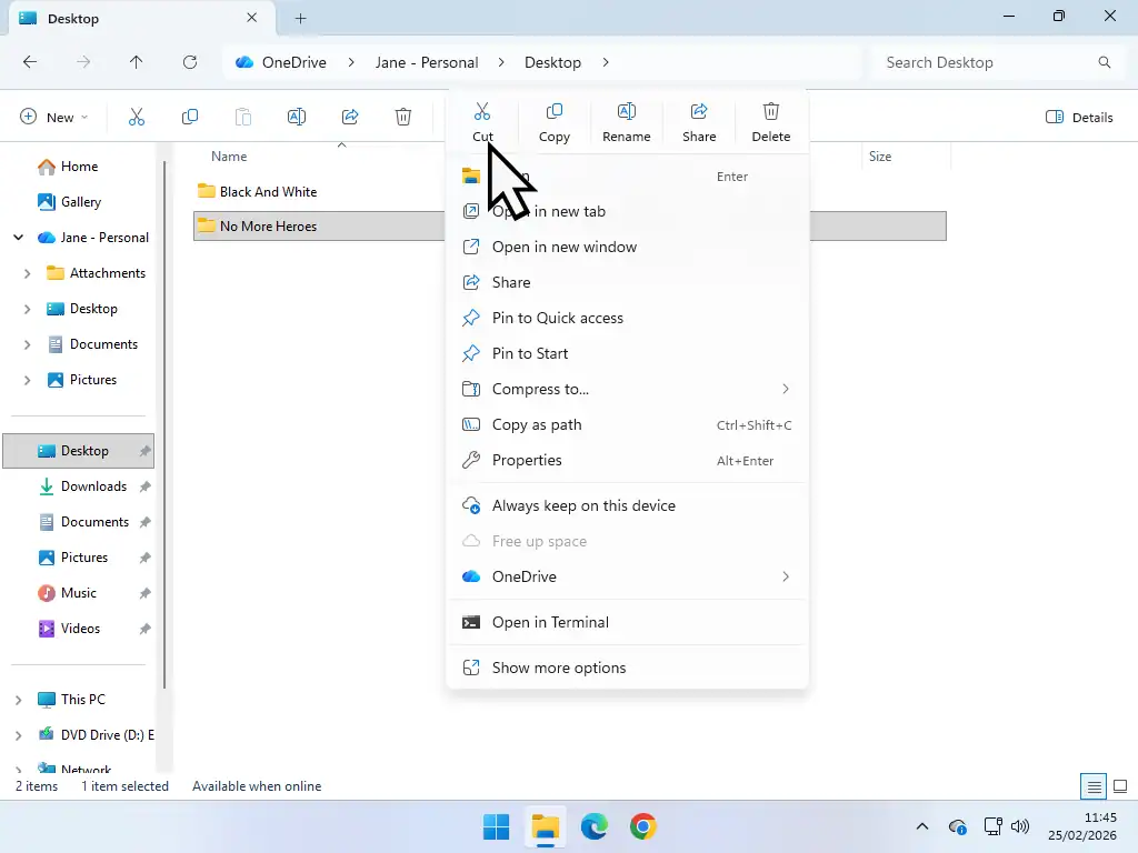 Move file from OneDrive but keep on PC Use Cut and Paste to remove files and folders from OneDrive.