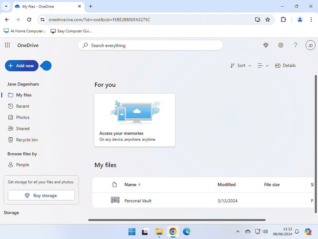 OneDrive storage is  shown empty.