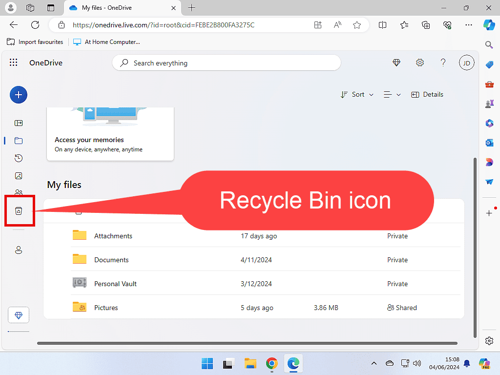 OneDrive recycle bin icon is marked by a callout.