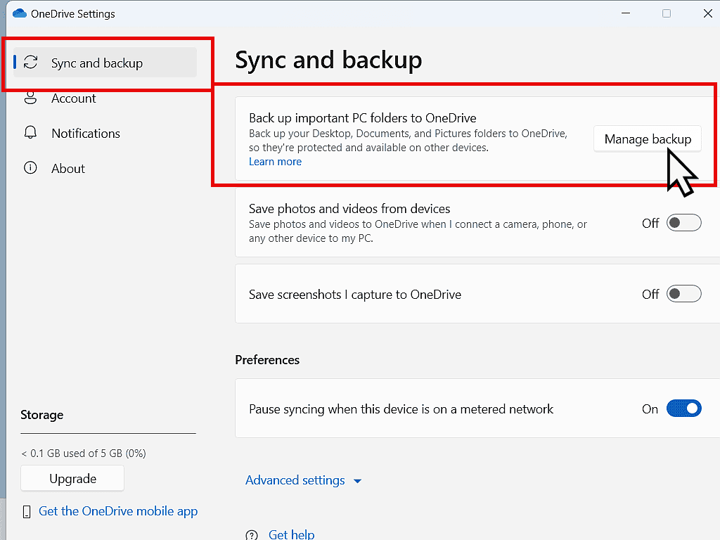 Sync and backup tab and Manage Backup button are both highlighted.
