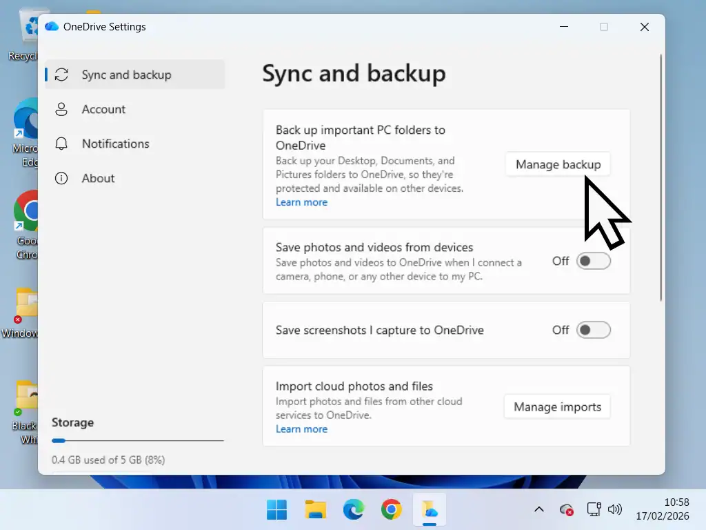 Sync and backup options Manage Backup is selected.