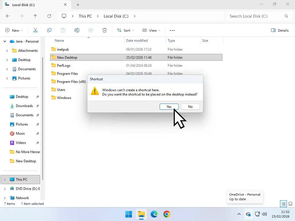 Windows cant create shortcut here Add the shortcut to your desktop.