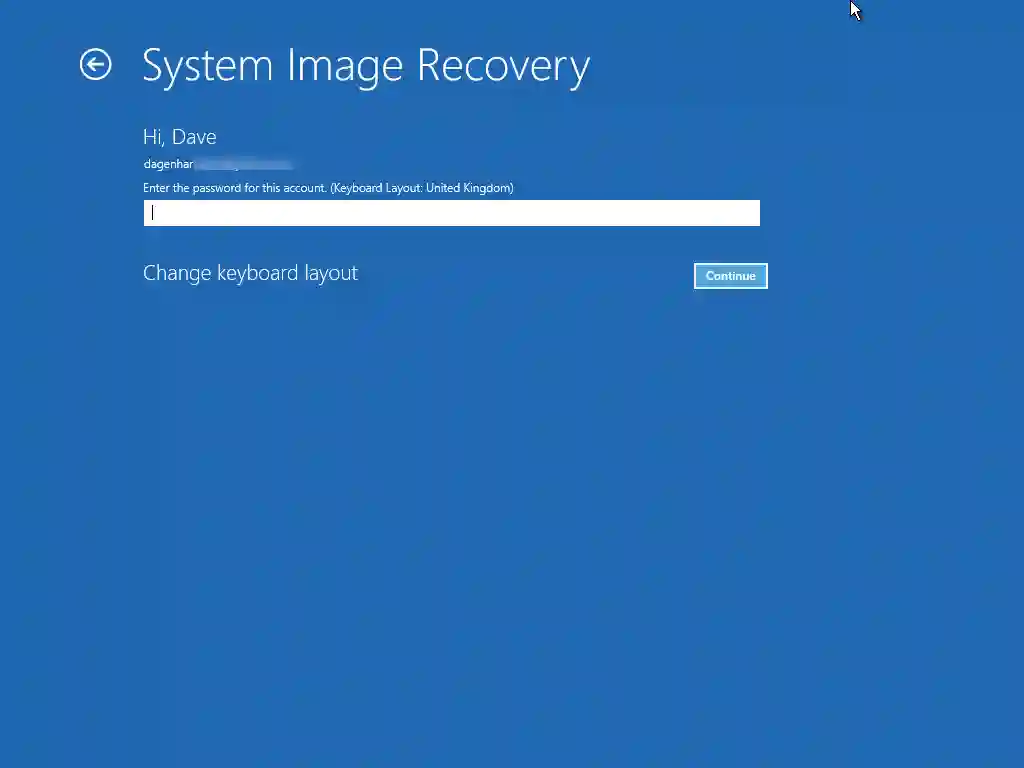 Account password for system image recovery Enter a password or leave blank if the account doesn't have a password.