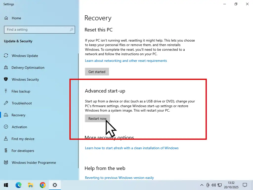 Advanced Startup Restart Now button indicated to begin restoring a PC from a Windows System Image.