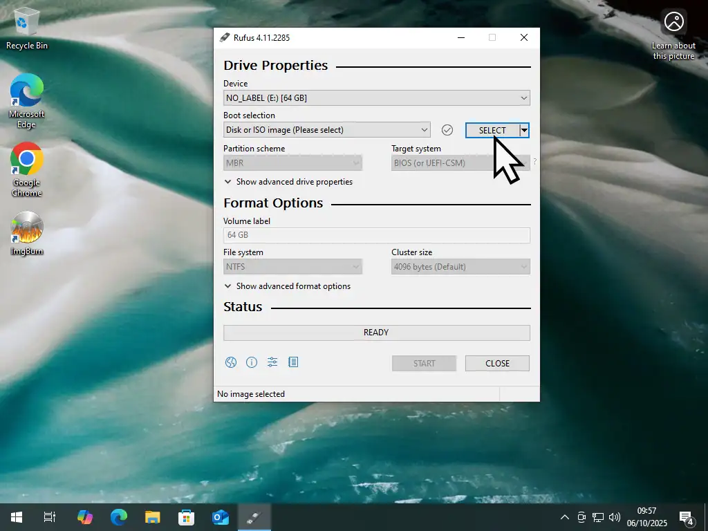 Select button indicated to load downloaded Windows 11 ISO file.