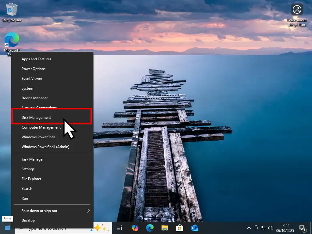 Opening Disk Management in Windows 10.