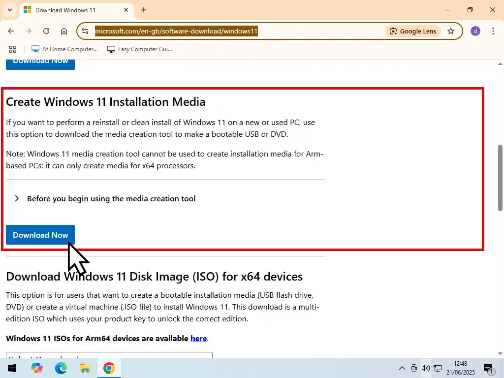Downloading the Windows 11 installation media from Microsoft