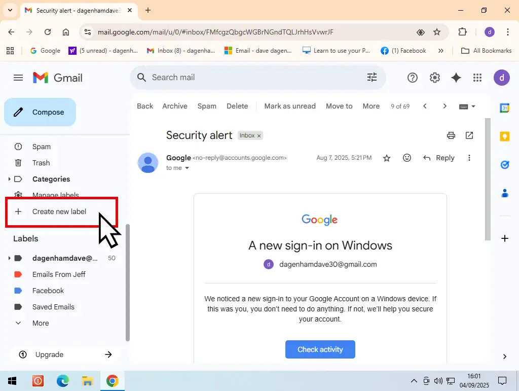 Create New Label is highlighted.