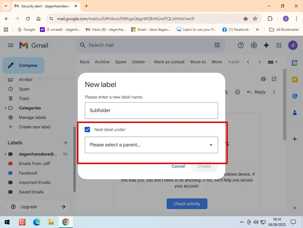 Create subfolder in Gmail