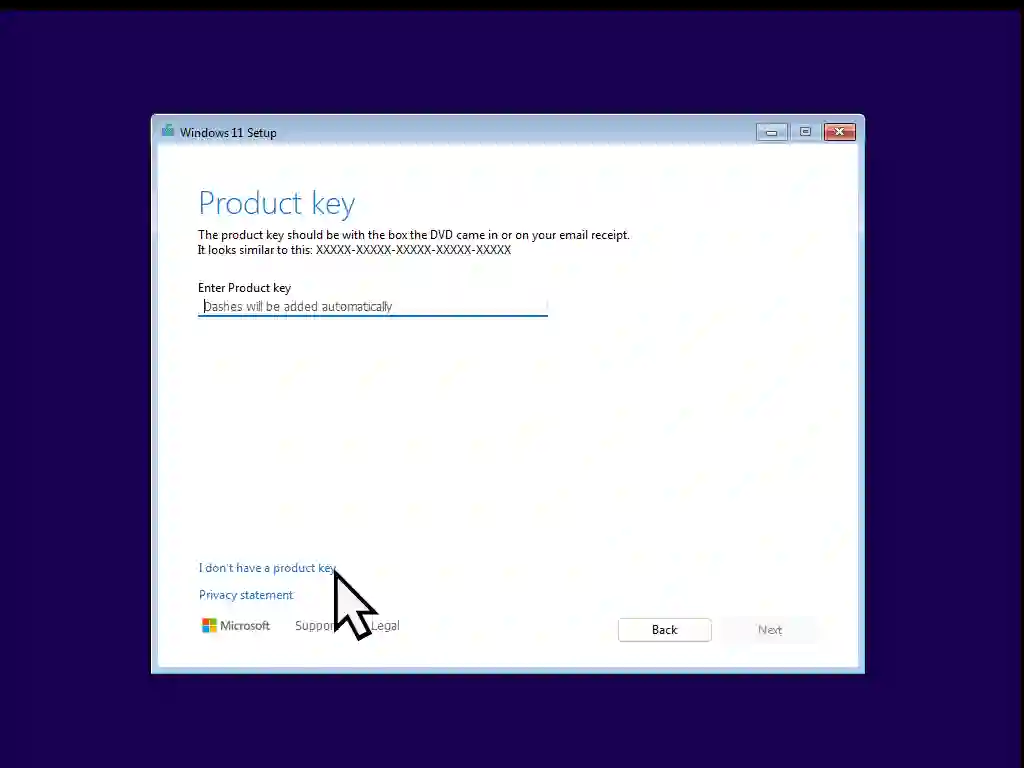 "I don't have a product key" is highlighted.