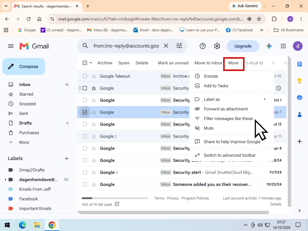 More options menu and Filter messages like these are highlighted.