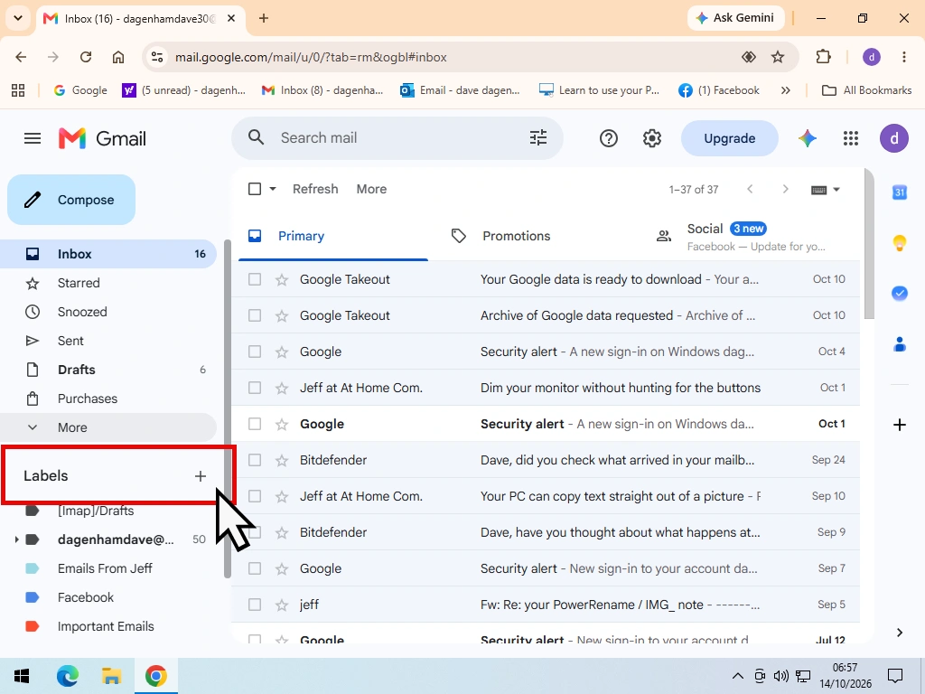 The plus button next to Labels in the Gmail menu.
