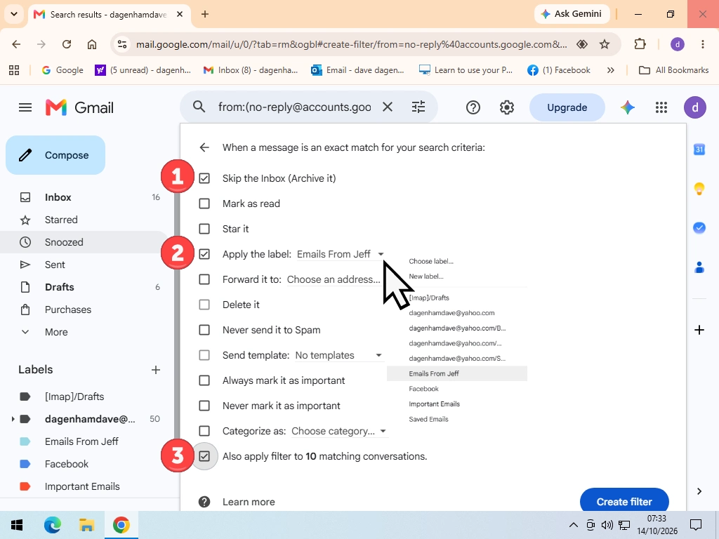Gmail filter options with Skip the Inbox and Apply the label ticked.