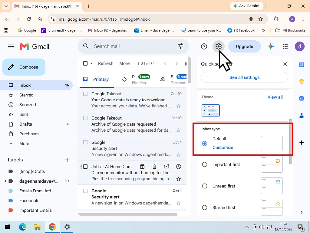 Gmail quick settings with Default inbox type selected and the Customise link highlighted.