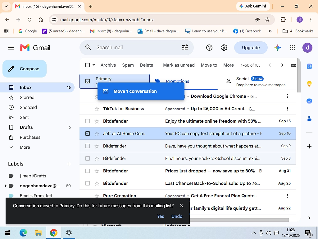 An email being moved to the Primary tab in Gmail, with the prompt asking about future messages from the sender.