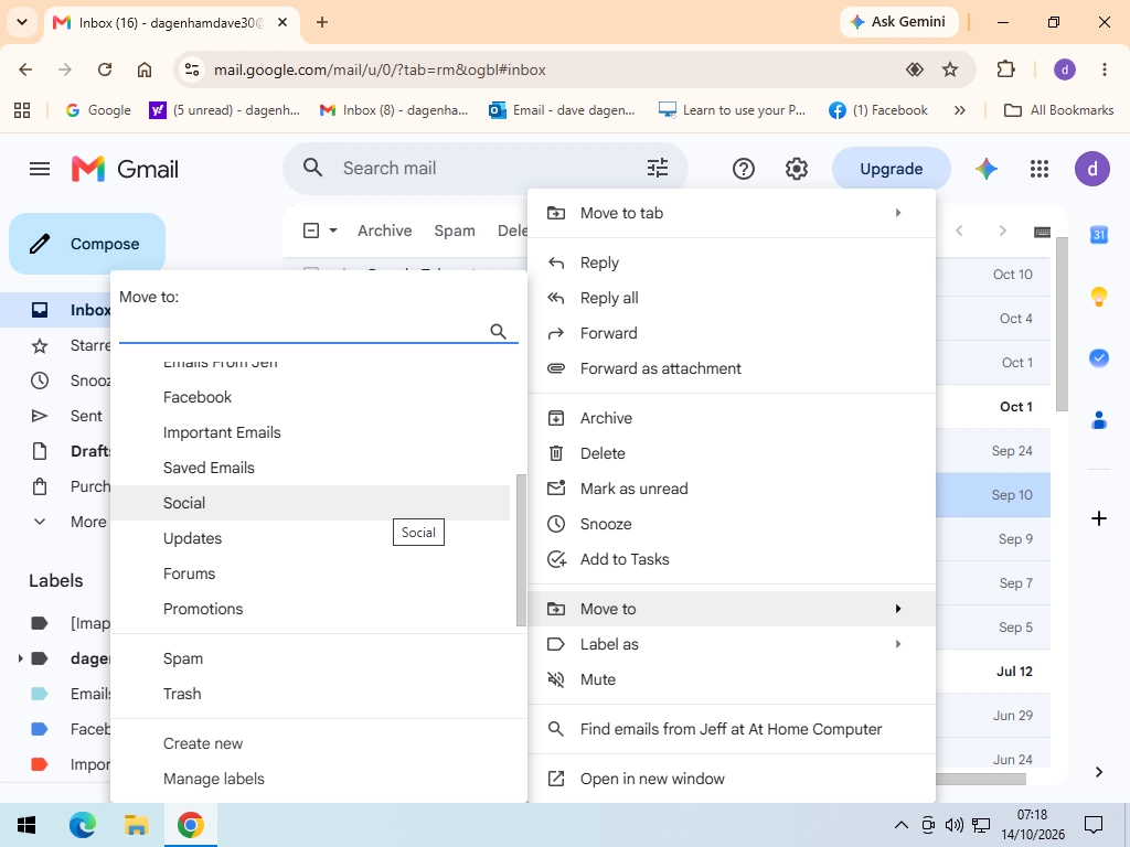 The Move to menu in Gmail with a list of folders to choose from.