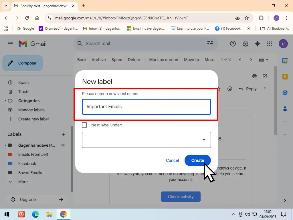 A newly created folder in Gmail is being given a name.