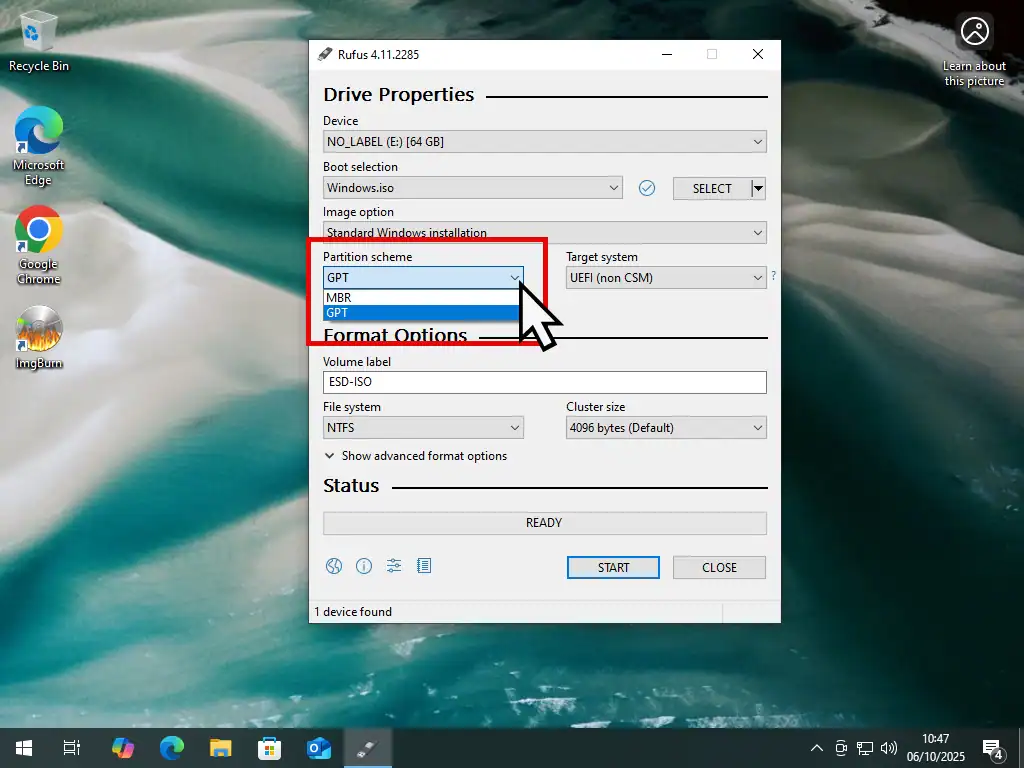 Setting the partition style in Rufus, MBR or GPT.