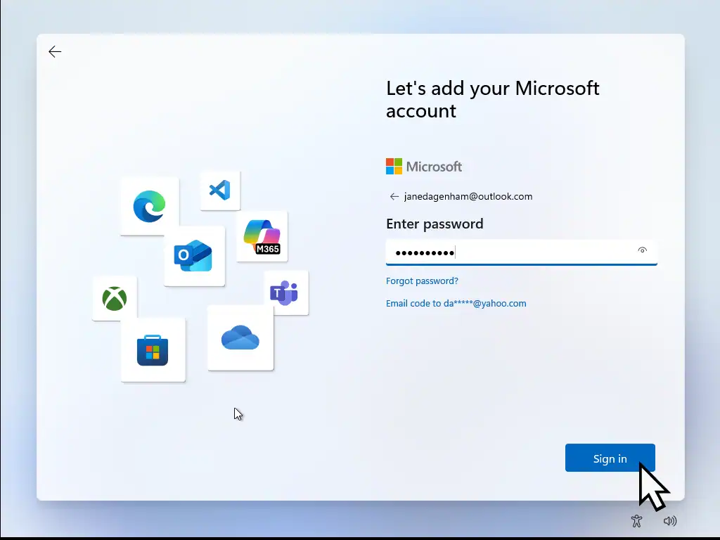Microsoft account password has been entered.