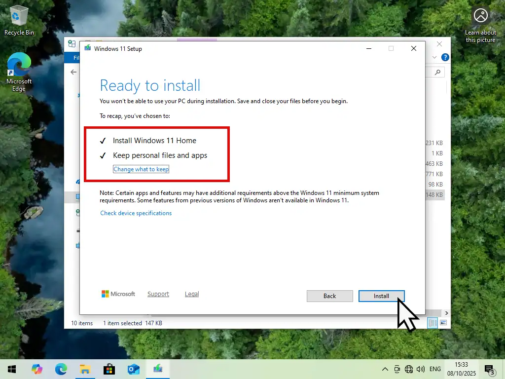 Install Windows 11 and keep personal files and apps.
