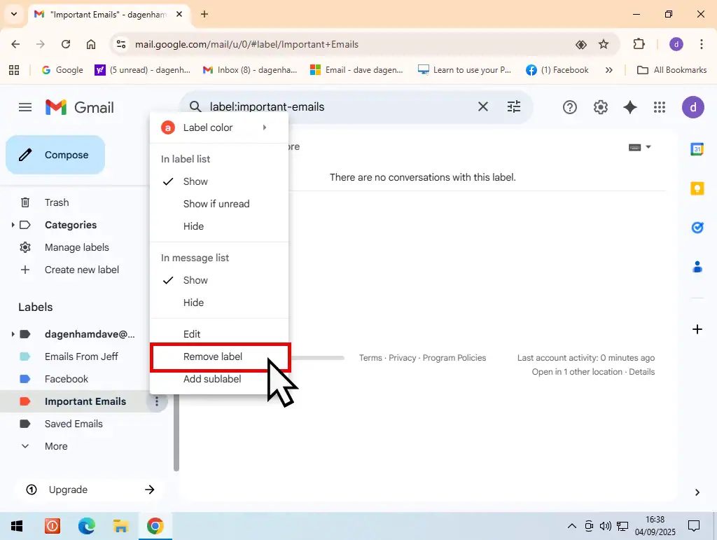 Remove label option is highlighted.