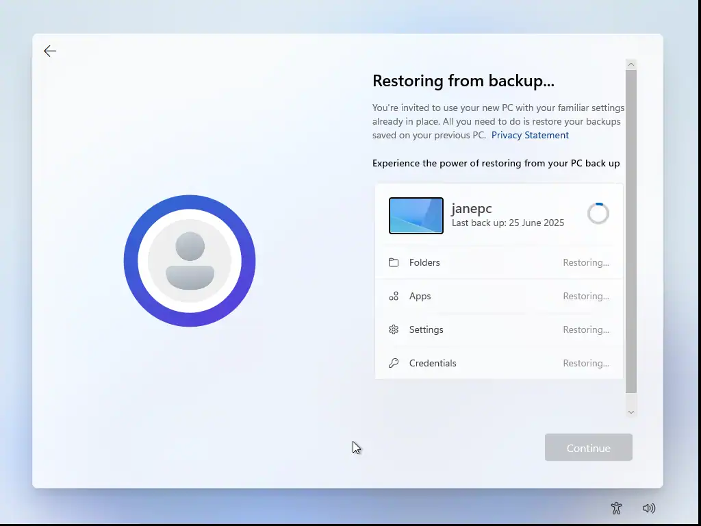 Backed up data being restored to PC during Windows 11 setup.