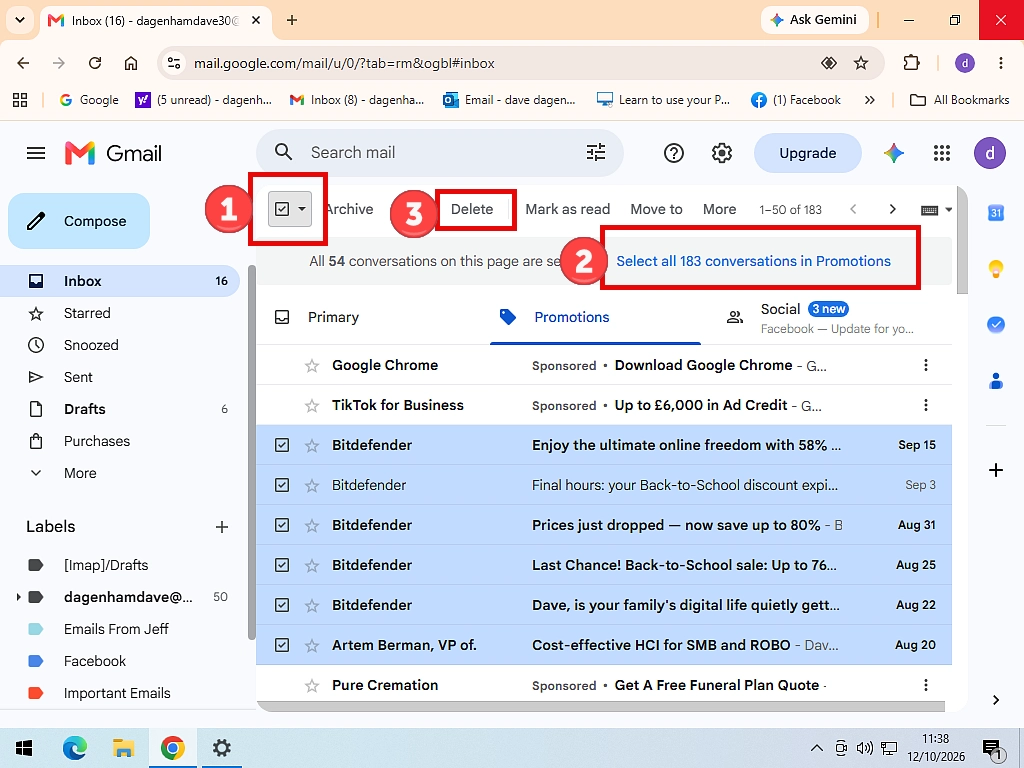 The Promotions tab in Gmail with all emails selected and the Select all conversations in Promotions link highlighted.