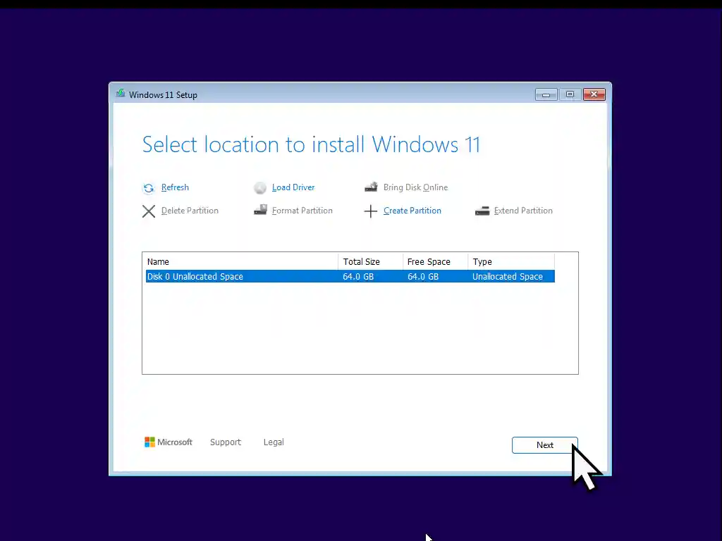 Select location to install Windows 11.