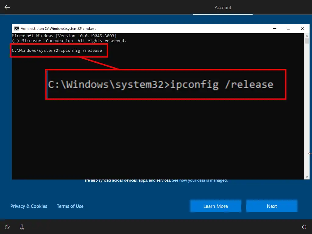 ipconfig /release has been typed into a command prompt window to disconnect from the internet.