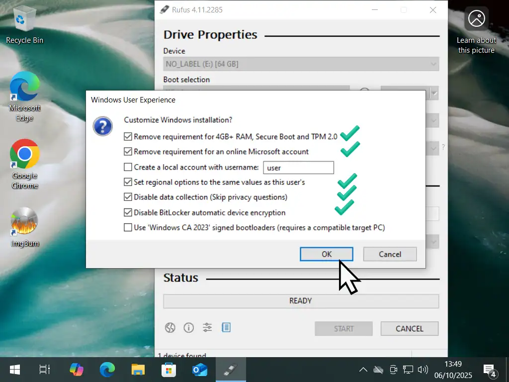 Customising the Windows 11 upgrade in Rufus.
